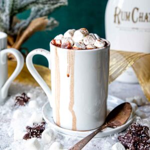 RumChata Hot Chocolate dripping in a white mug