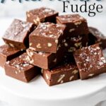 microwave fudge on a plate with text overlay for Pinterest