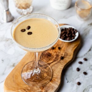 RumChata Espresso Martini in a glass with a sugar rim
