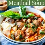 Pinterest image for meatball soup with text overlay