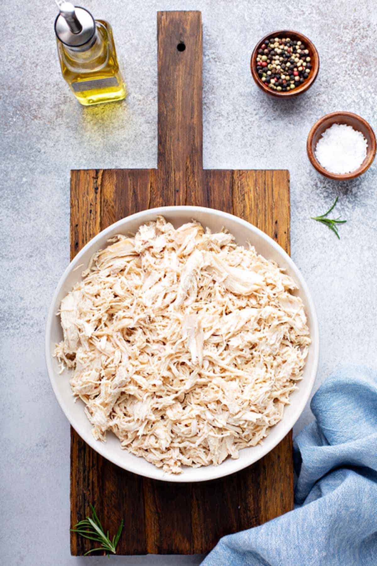 Shredded chicken meat in a big bowl