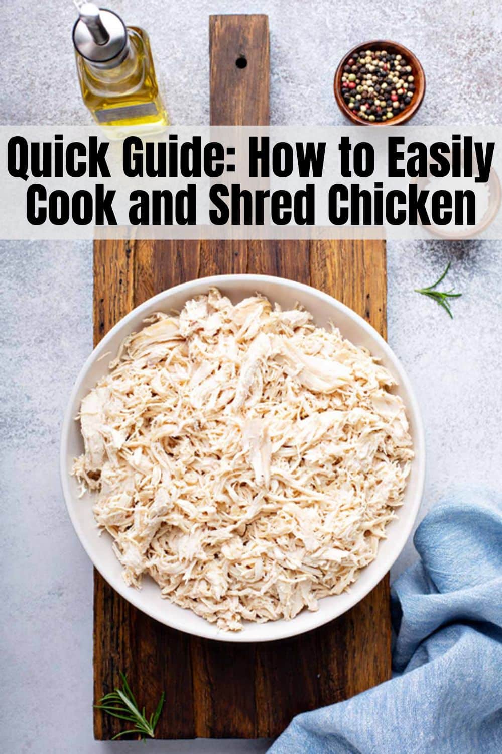shredded chicken in a bowl with text overlay for pinterest