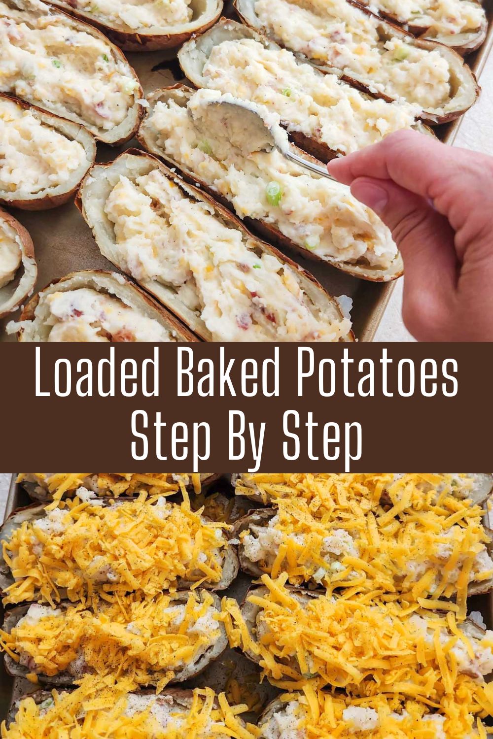 making loaded baked potatoes with text overlay for Pinterest