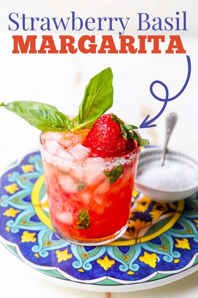 pinterest image with text overlay for a strawberry basil margarita