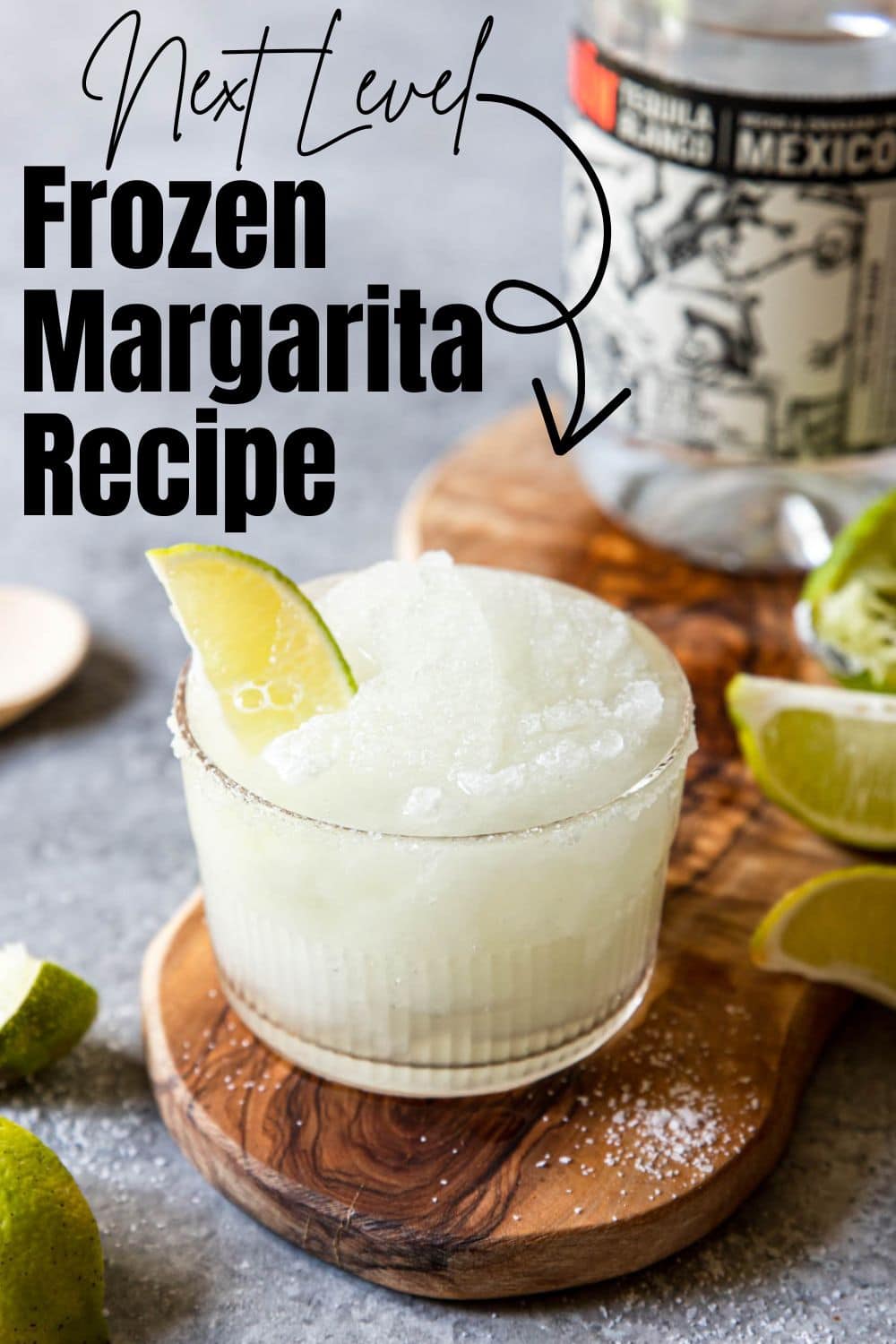 Pinterest image with text for a frozen margarita with a picture of frozen margaritas