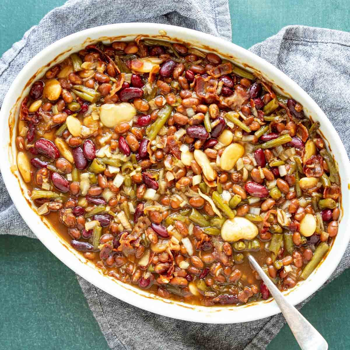 bean casserole in a baking dish right after it is baked