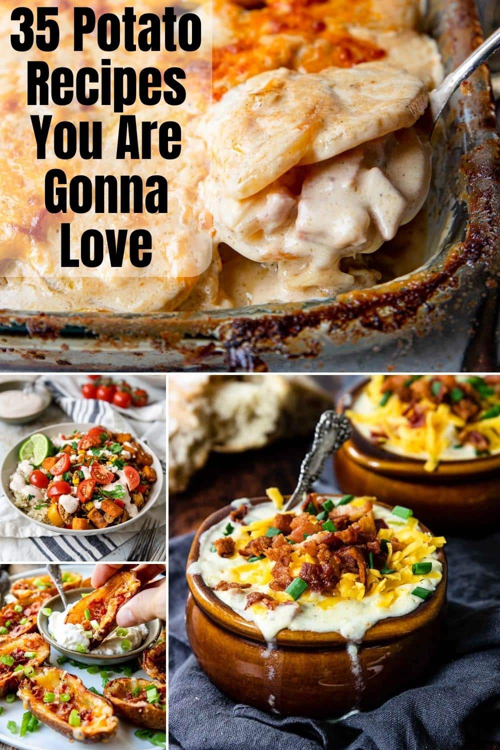 Multiple potato recipe photos on one image with text overlay for Pinterest