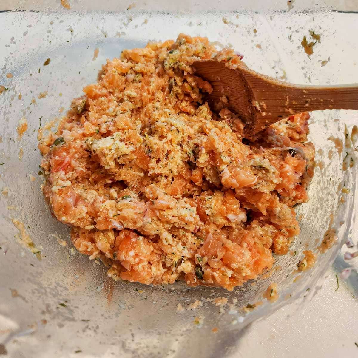 salmon patty mixture in a bowl