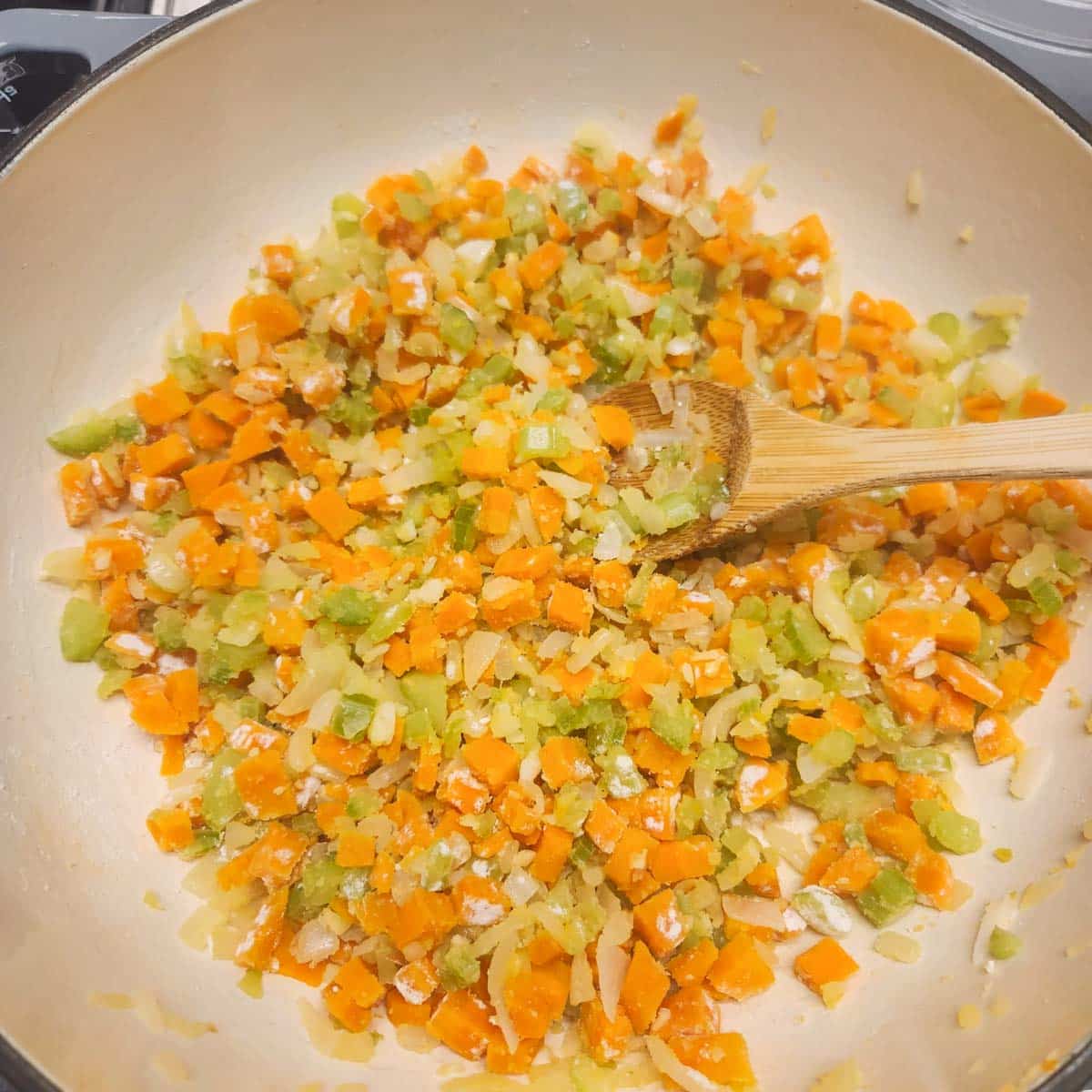 a roux of flour and oil with carrots, onions and celery 