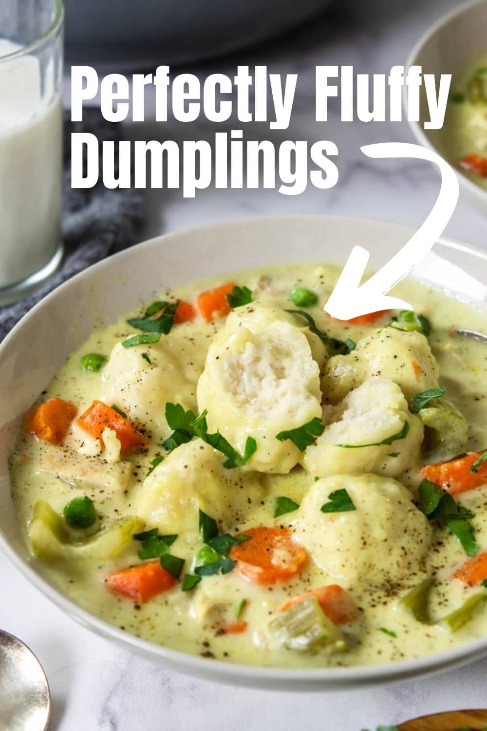 Pinterest image with text overlay for perfectly fluffy dumplings