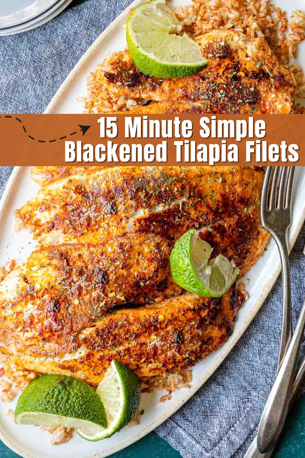 Blackened Tilapia on a platter with text overlay for Pinterest