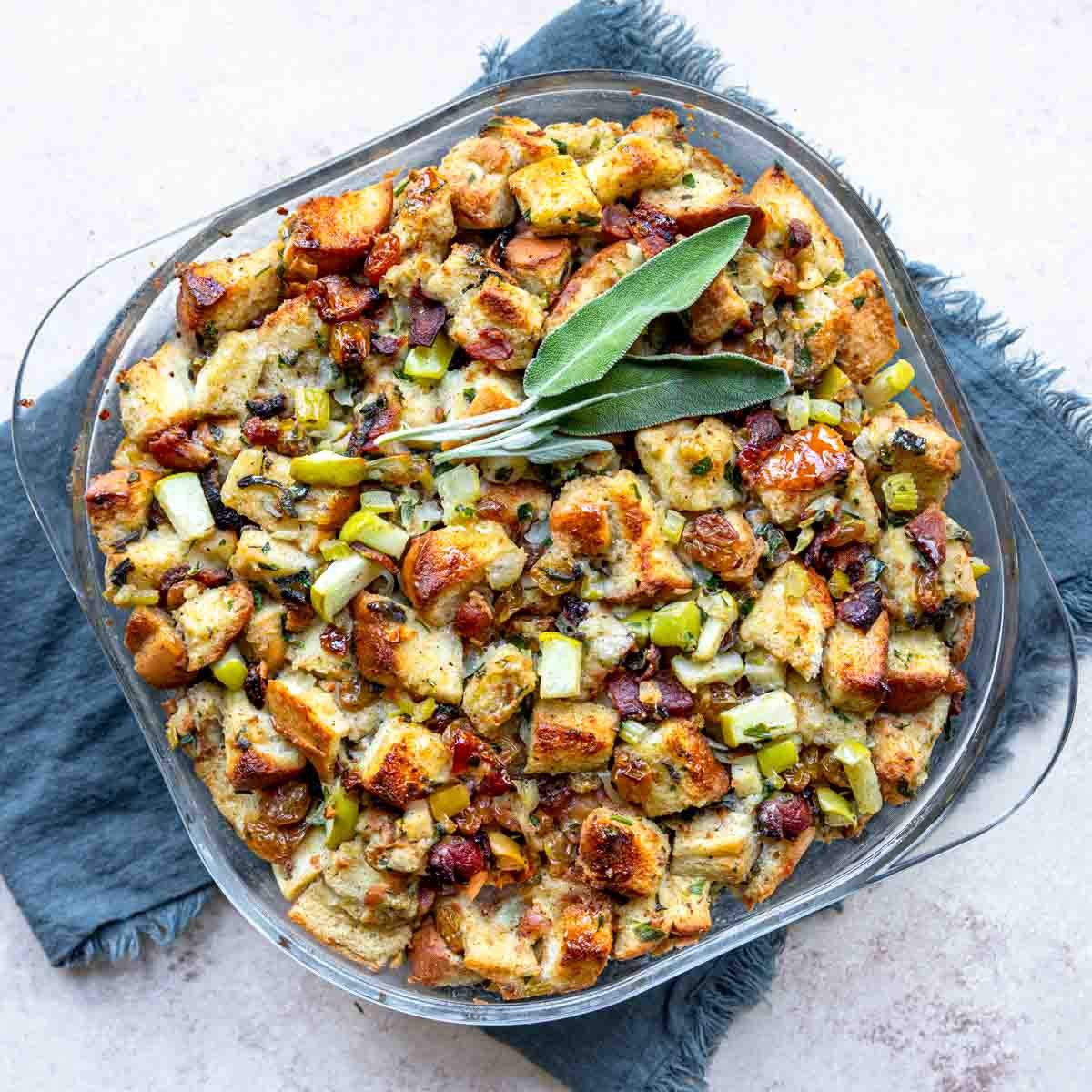 overhead view of apple stuffing in a 9x9 glass pan
