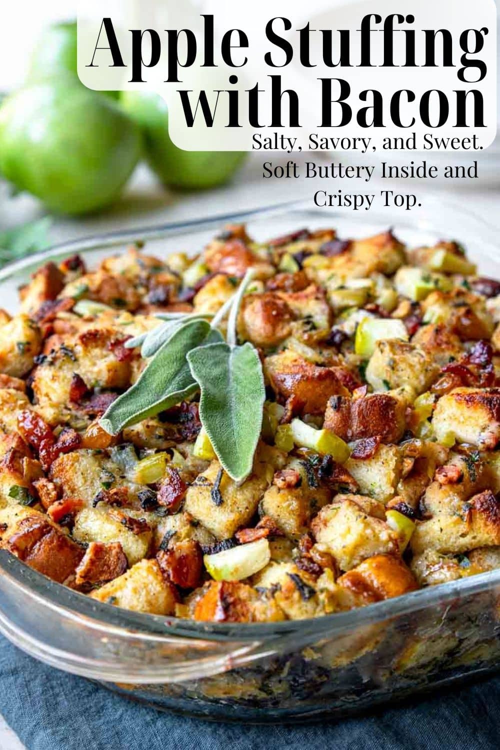 pinterest image of apple stuffing in a glass pan with text overlay