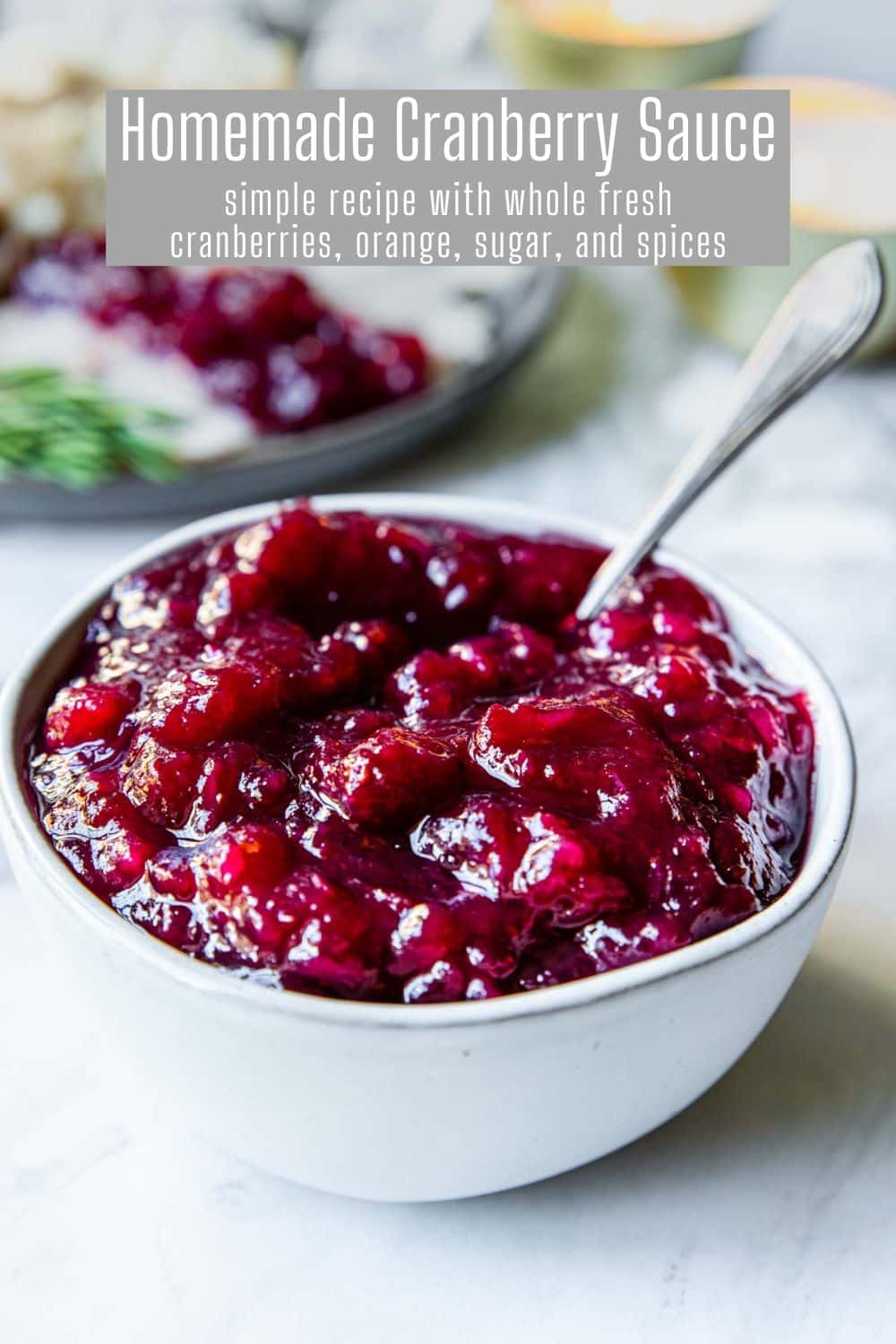 A bowl of homemade cranberry sauce with text overlay for Pinterest