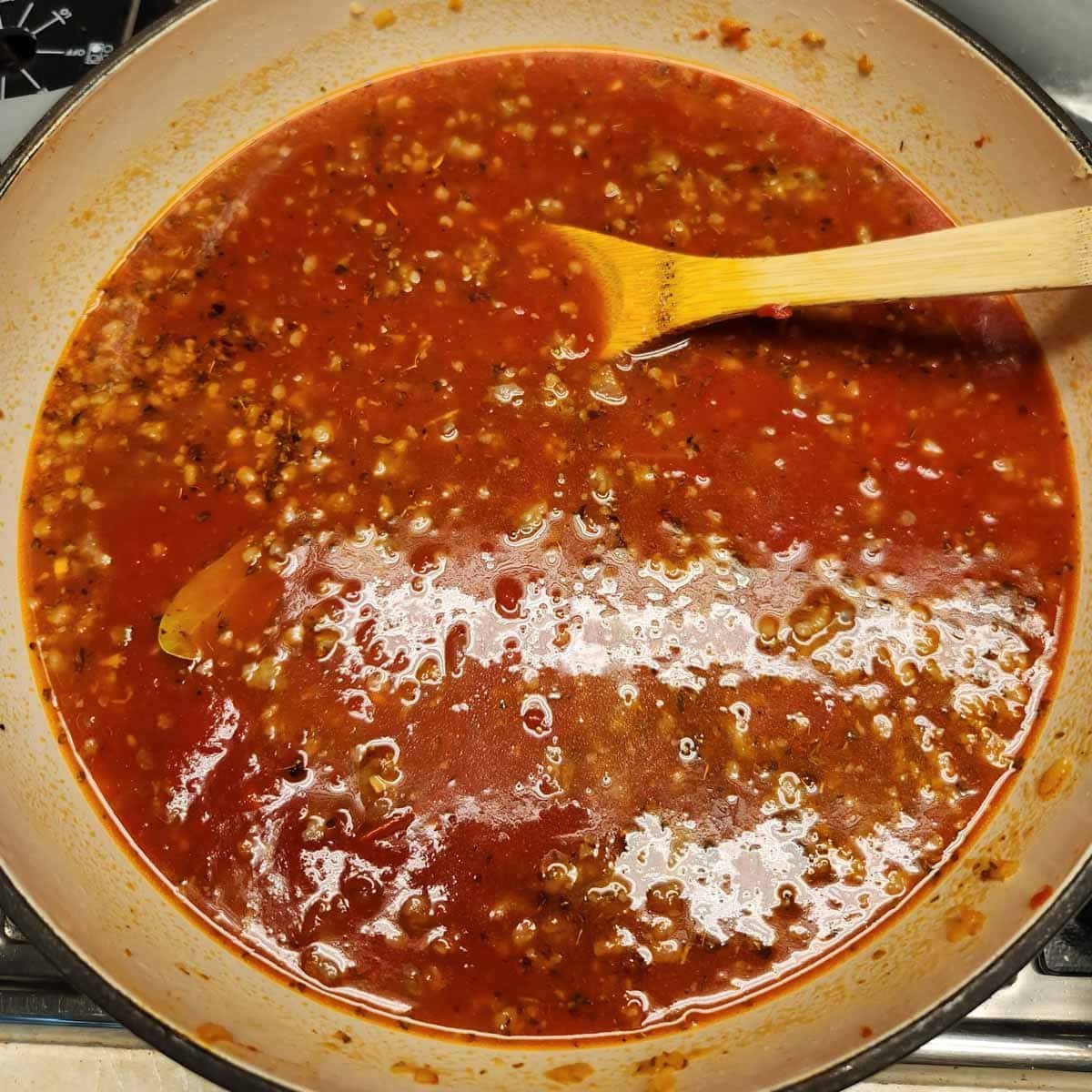 lasagna soup simmering in a pot