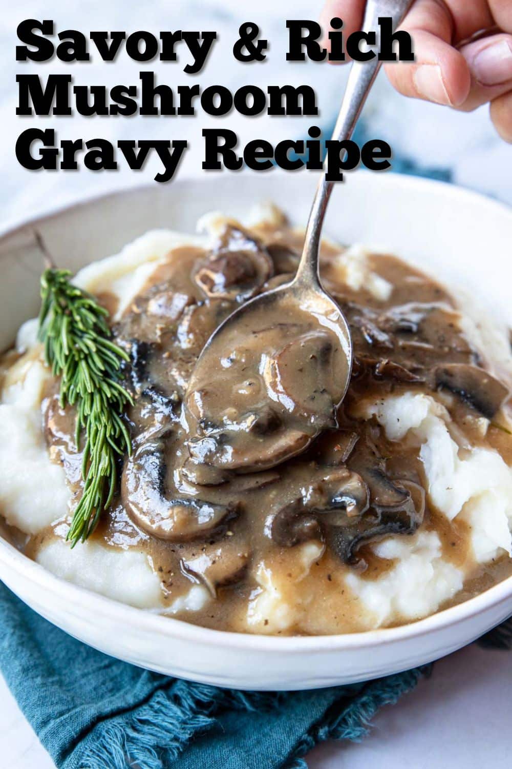 gravy with mushrooms over mashed potatoes and pinterest text overlay