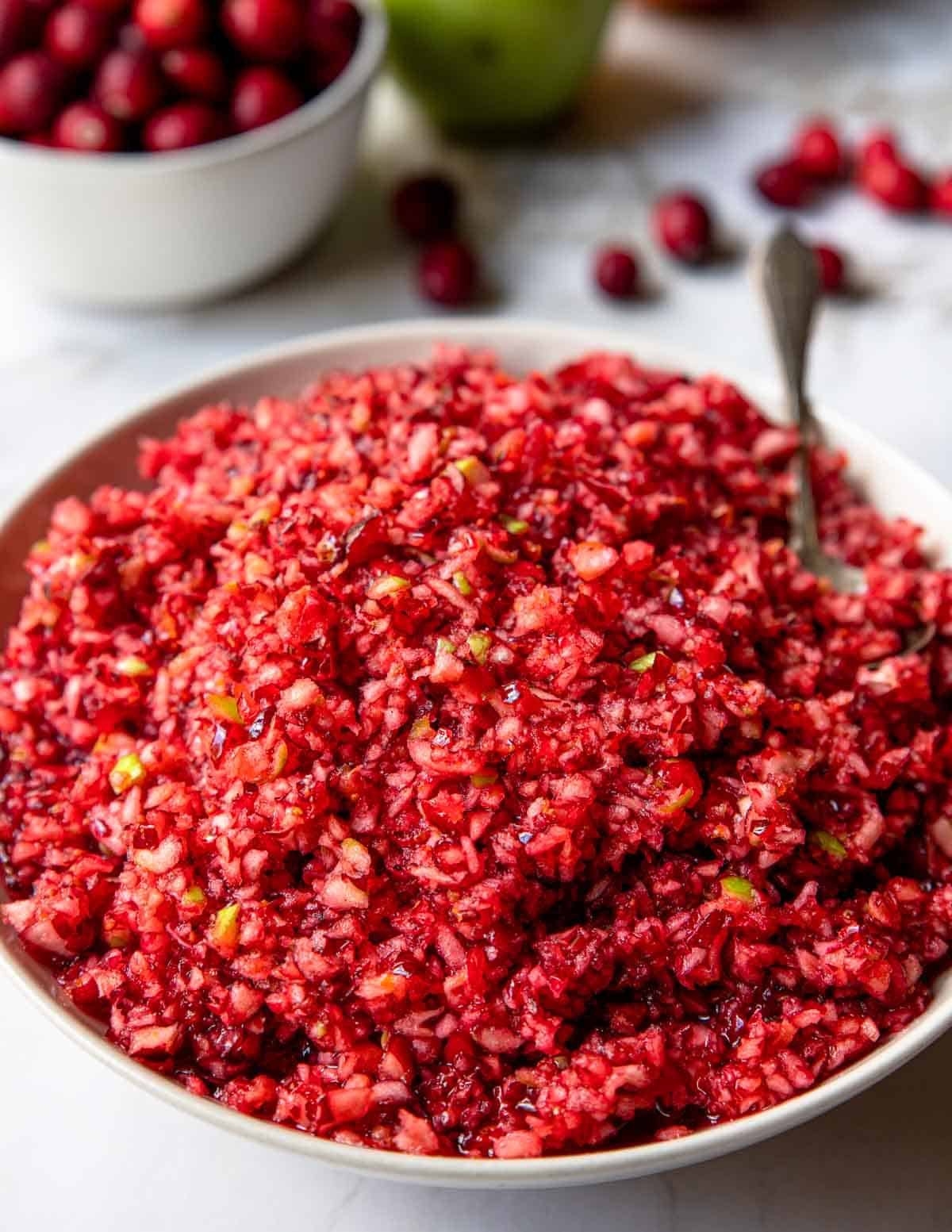 a large bowl of cranberry relish