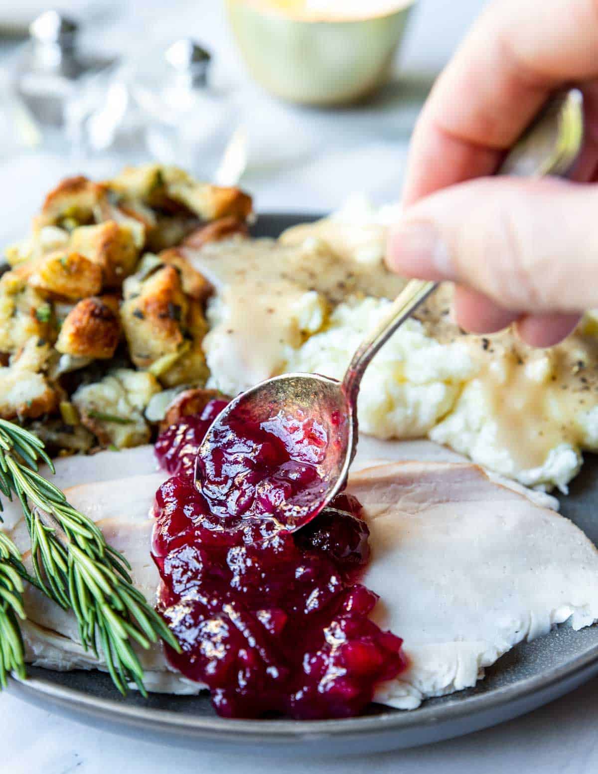 cranberry sauce being spooned over turkey