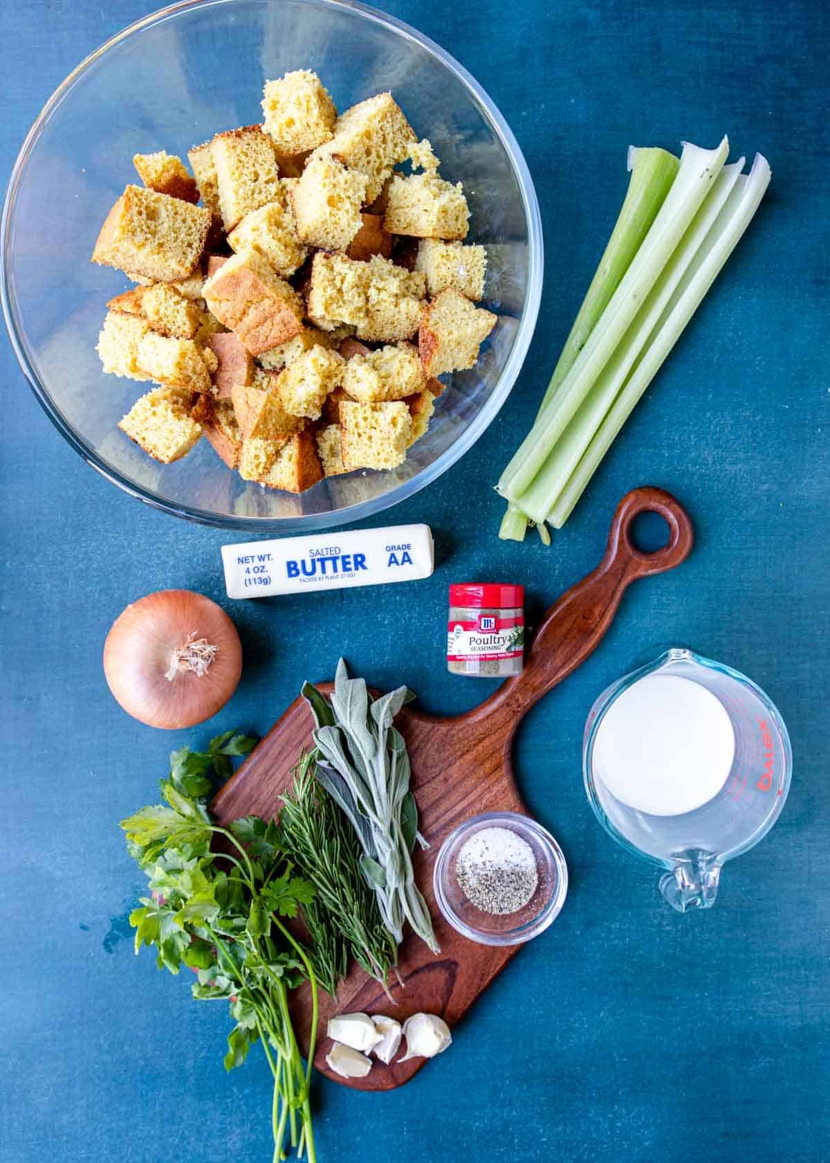 ingredients to make cornbread stuffing on a table