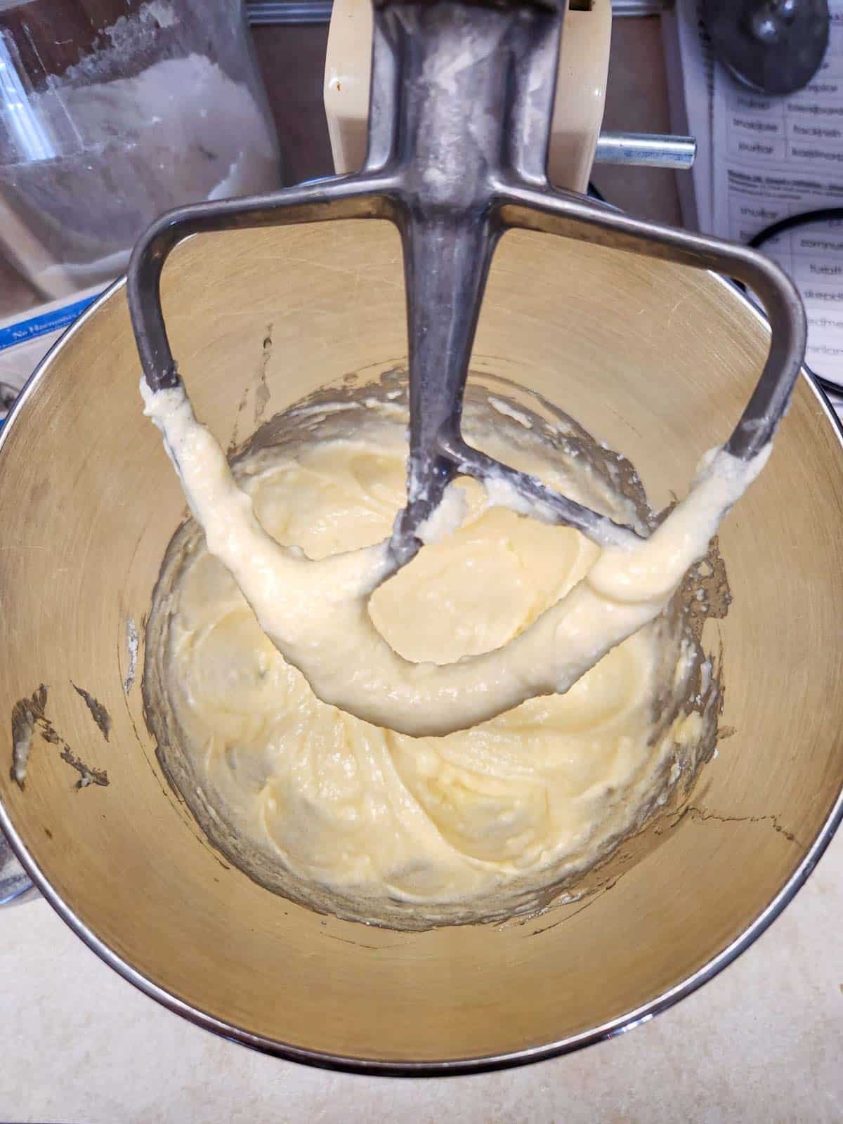 butter, oil, powdered sugar and granulated sugar creamed together in a mixer