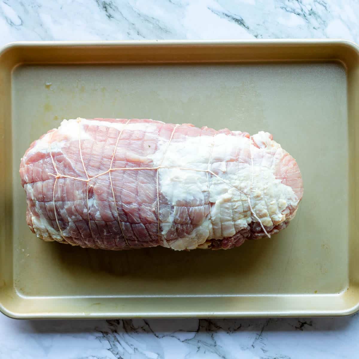 a pork shoulder roast tied completely with kitchen twine