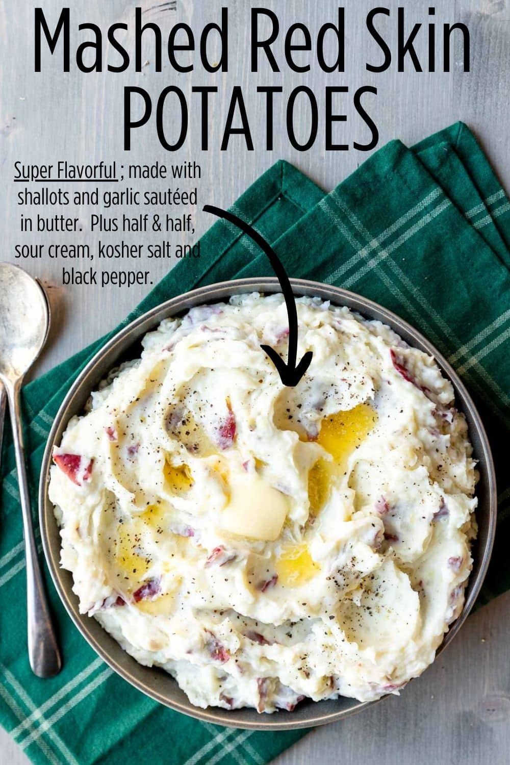 Pinterest image with text overlay for mashed red skin potatoes