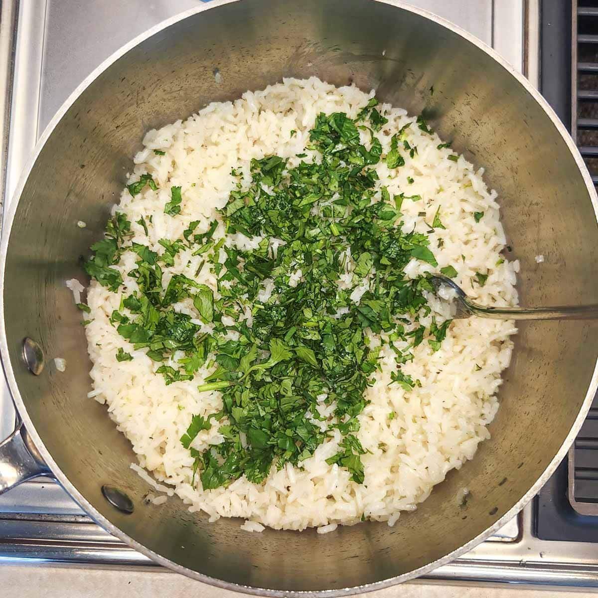 Texmati rice cooked with lime juice and cilantro on top