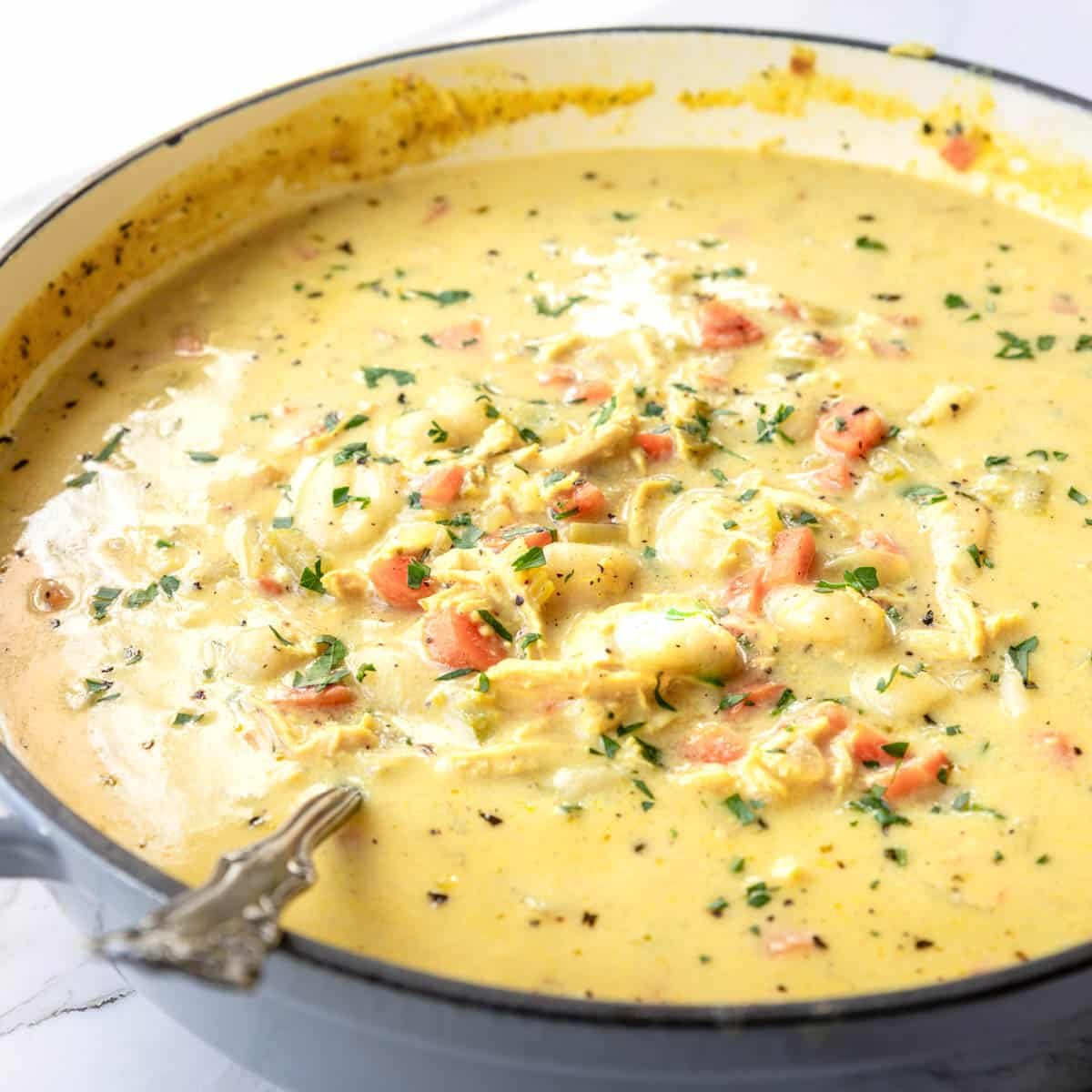 a large Dutch Oven filled with Creamy Chicken and Gnocchi soup with a ladle