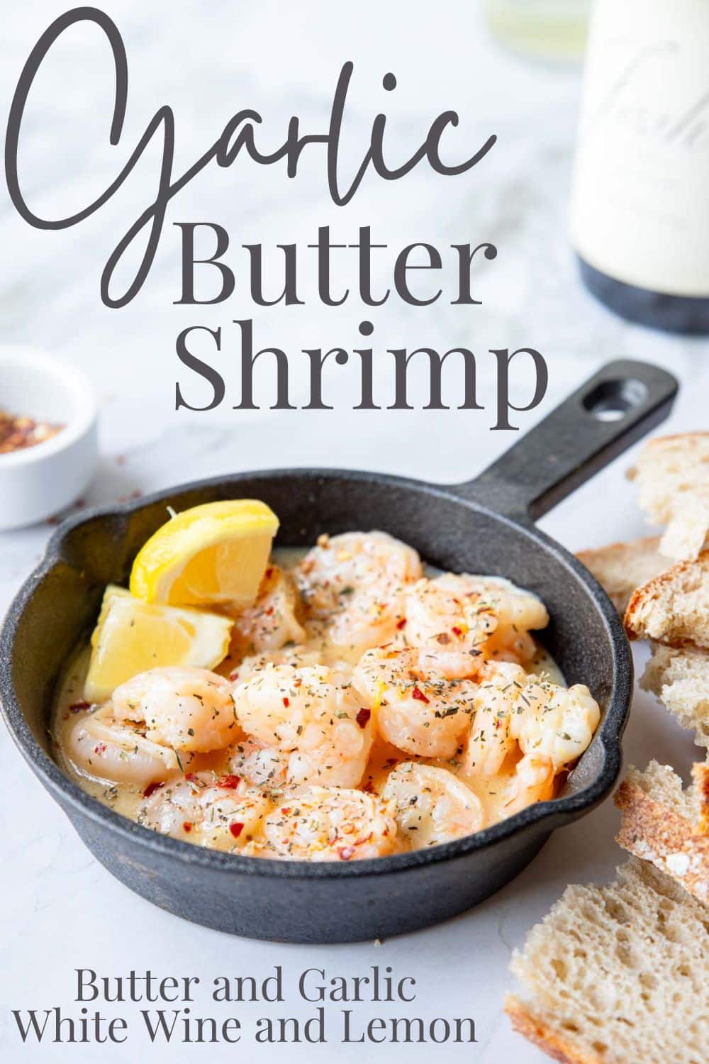 pinterest image for garlic butter shrimp with text overlay