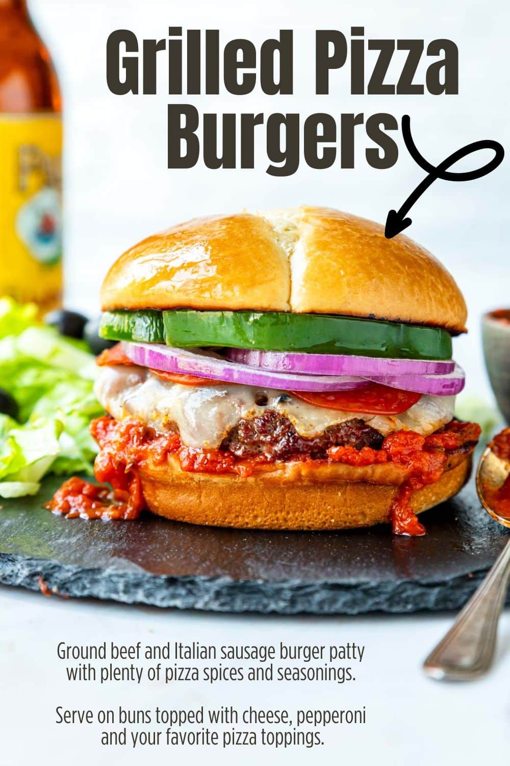 pinterest image for grilled pizza burger with text overlay