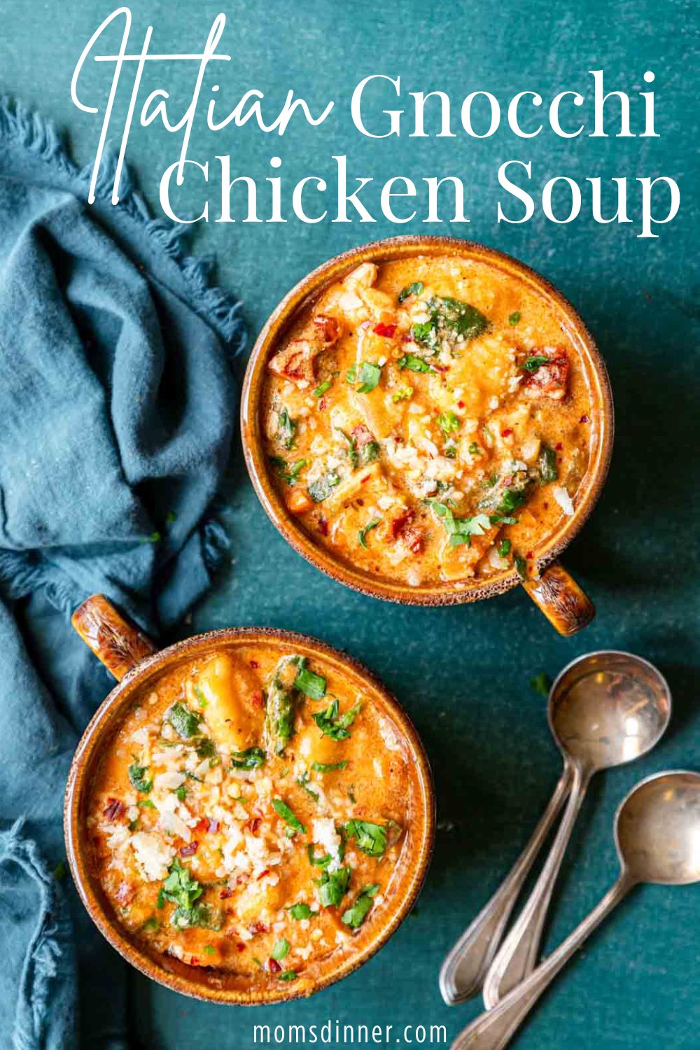 two bowls of Italian Gnocchi Chicken Soup with text overlay for Pinterest