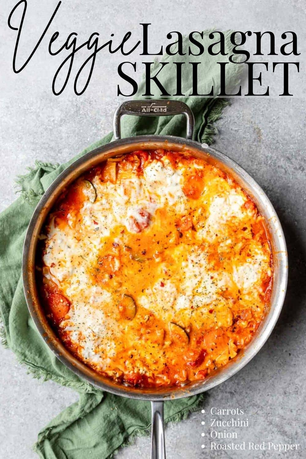 veggie lasagna skillet pin image with text overlay