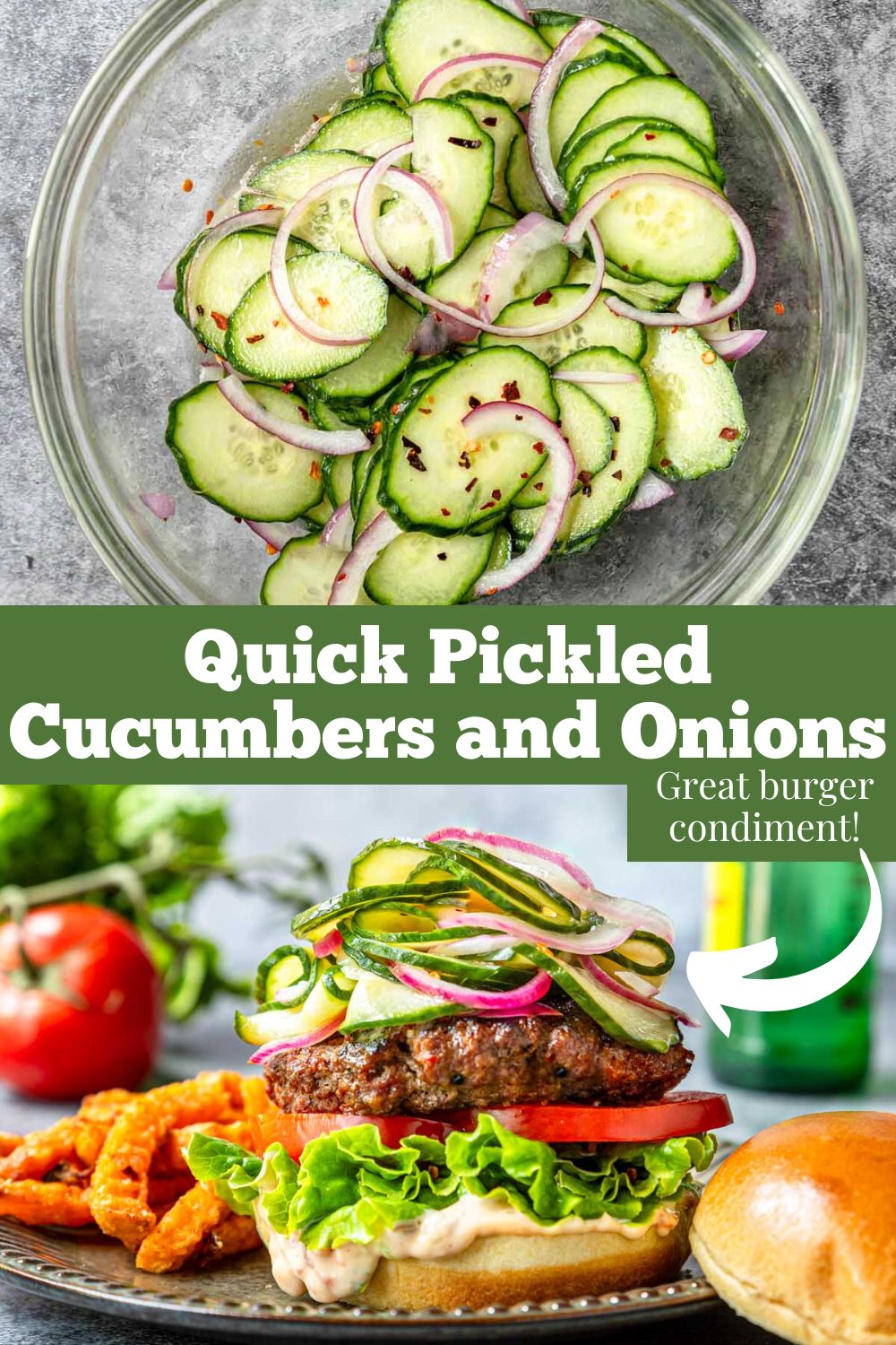 Pinterest image with text overlay for quick pickled cucumber and onion slices