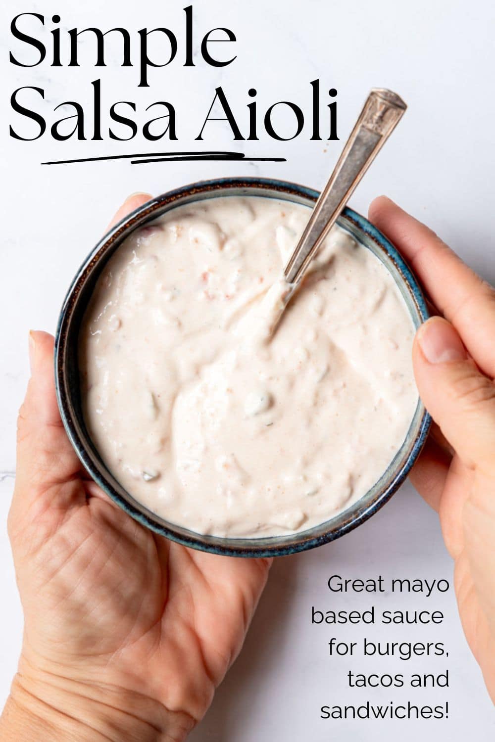 Salsa Aioli in a bowl with text overlay for Pinterest