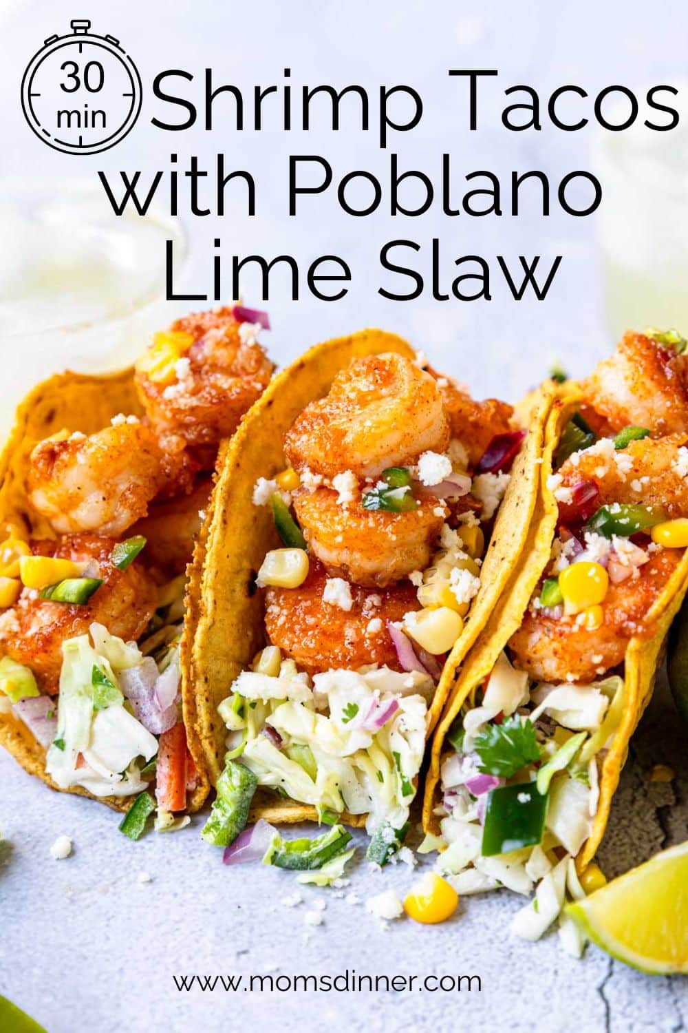 30 minute easy shrimp tacos pinterest image with text overlay