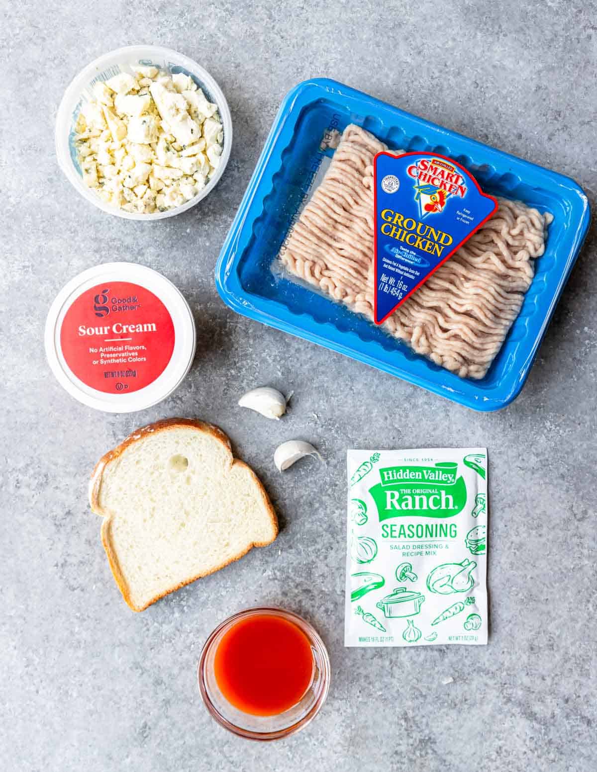 Ingredients for buffalo chicken burgers on a table