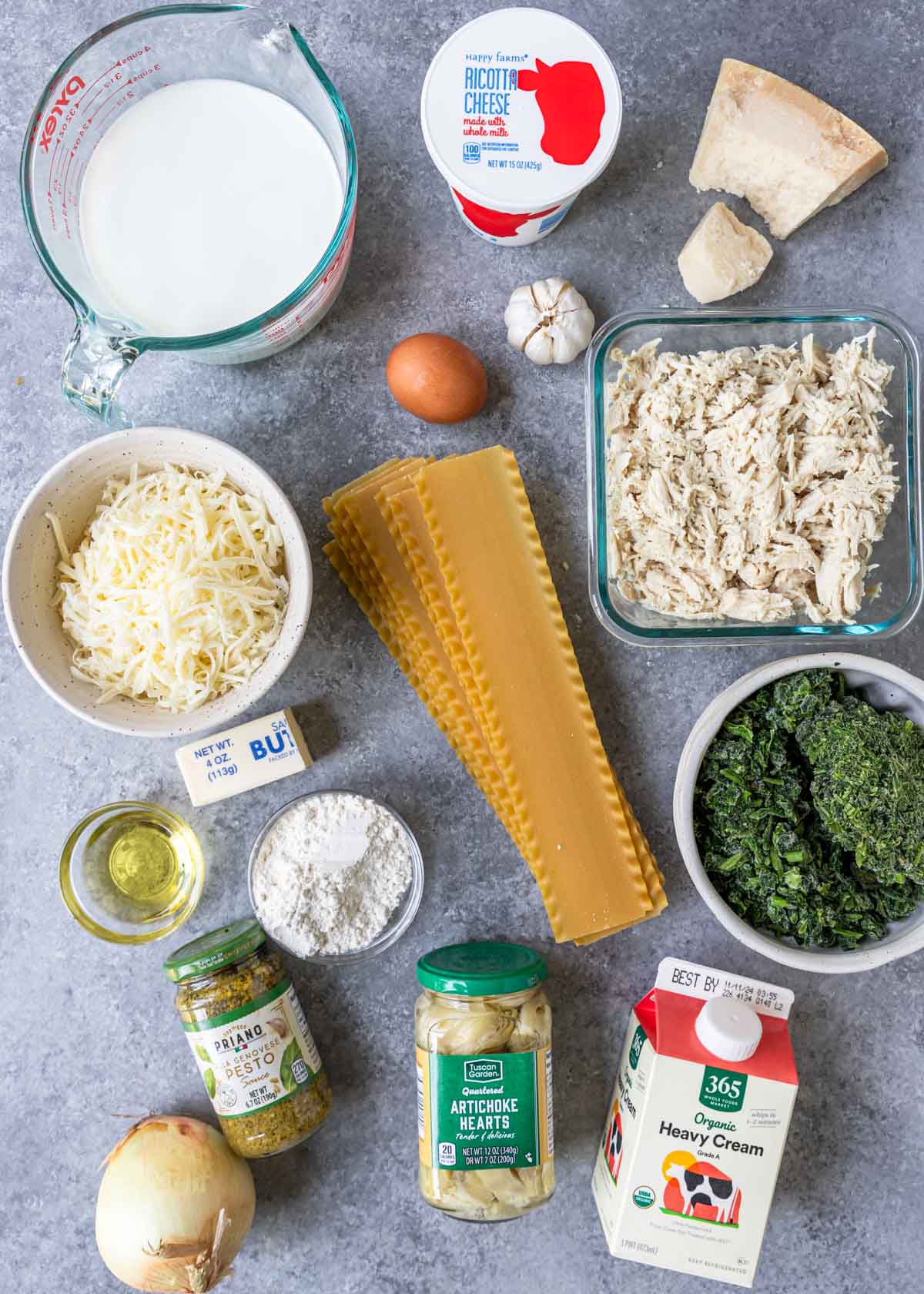 Ingredients shown are used to prepare deluxe chicken lasagna.