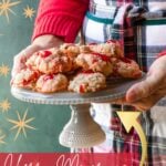 Pinterest image for cherry and coconut macaroons being held on a cake stand.