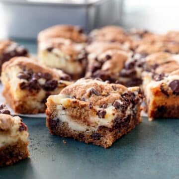 Chocolate chip cheesecake bar bites up close.