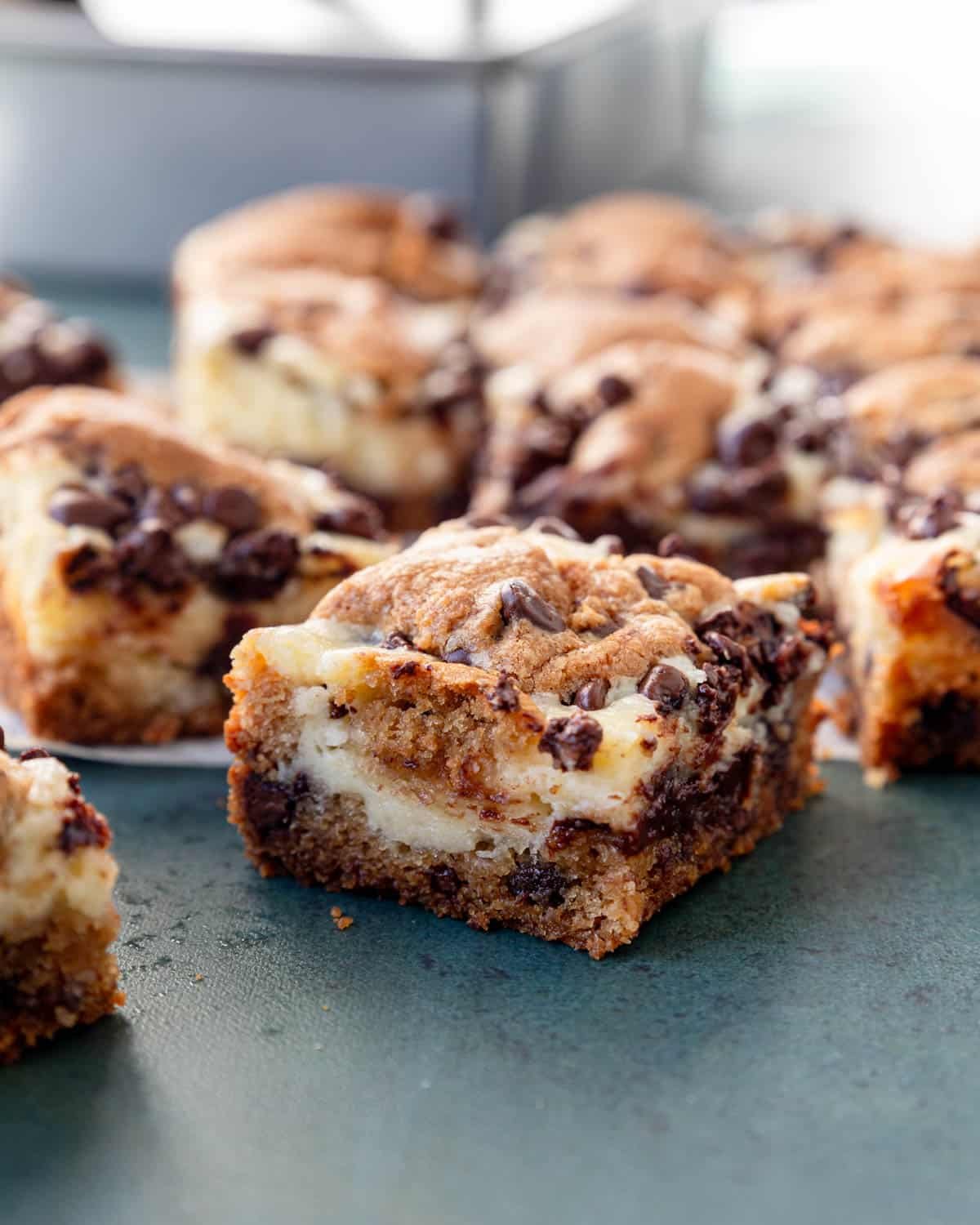 Chocolate chip cheesecake bars cut into small squares, ready to share.