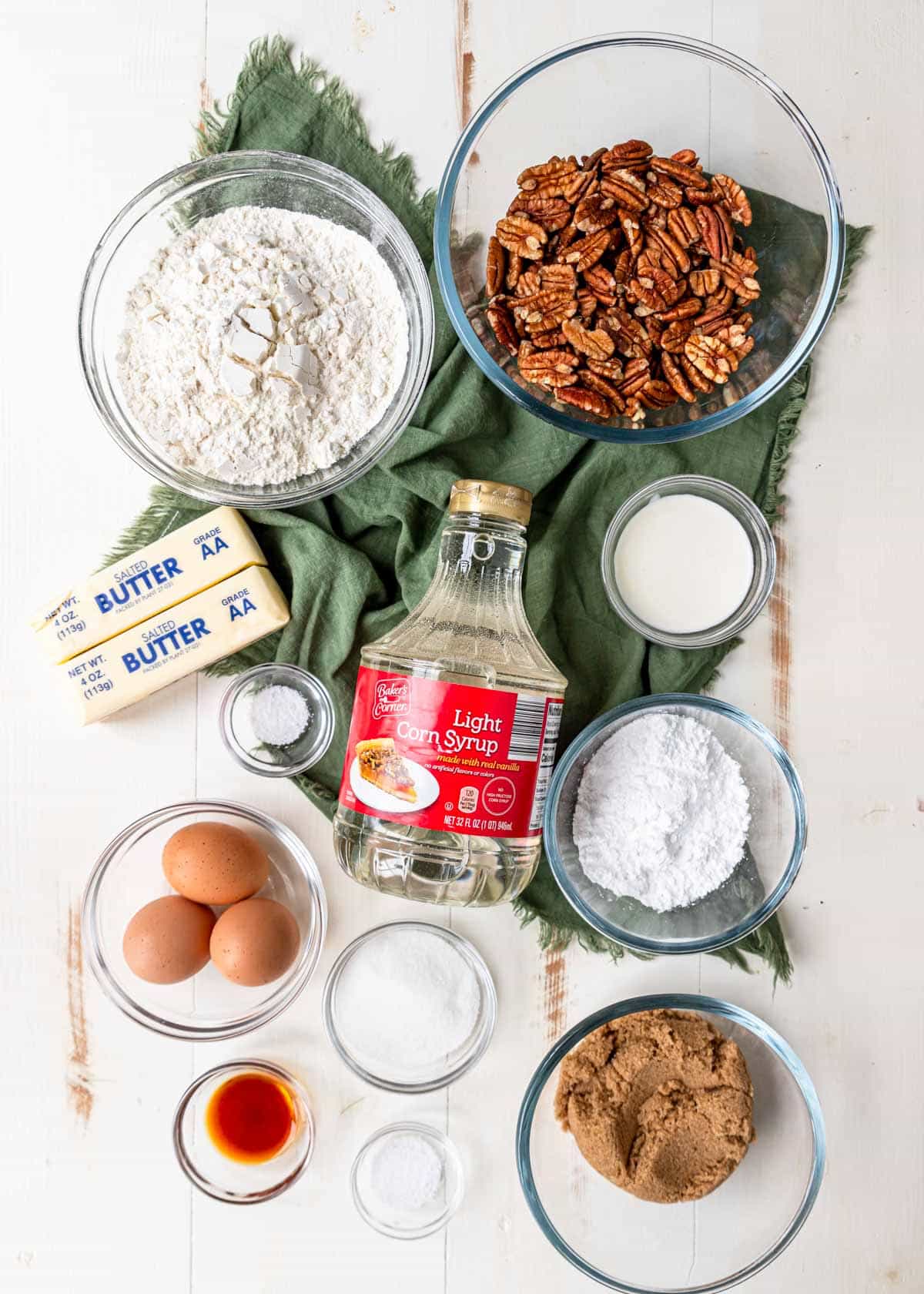 Ingredients for Pecan Pie Bars on a table 