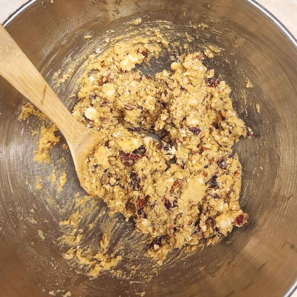 oatmeal cranberry chocolate chip cookie dough in a bowl 