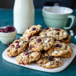 a plate of cranberry oatmeal cookies