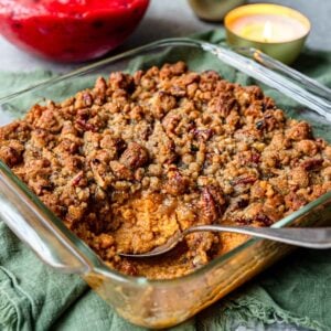 sweet potato casserole with a pecan brown sugar topping