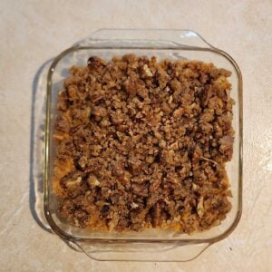 easy sweet potato casserole assembled in an 8x8 baking dish