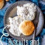 Pinterest image of sausage gravy served over biscuits on a plate.