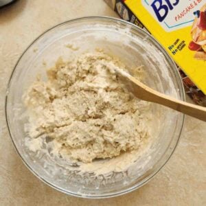 Mixing bowl filled with bisquick beer biscuits.