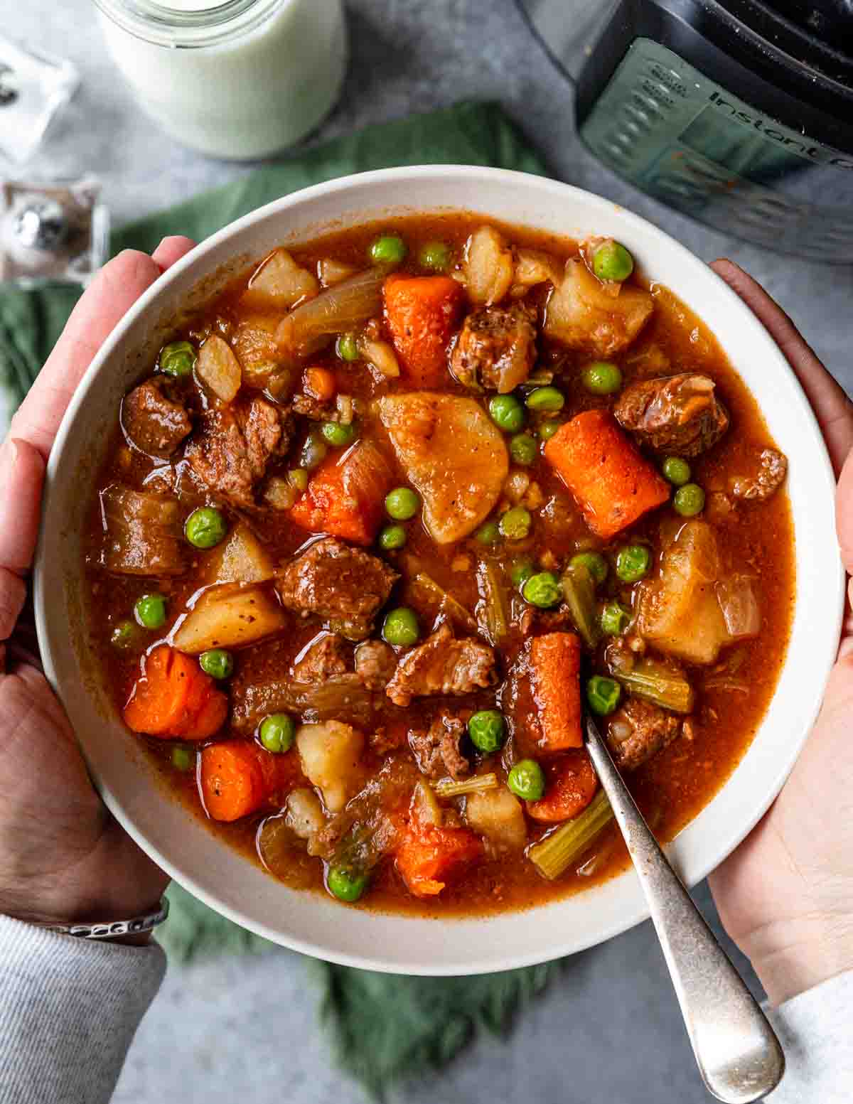 Top view of hands holding a bowl served with Beef Stew prepared in the Instant Pot.