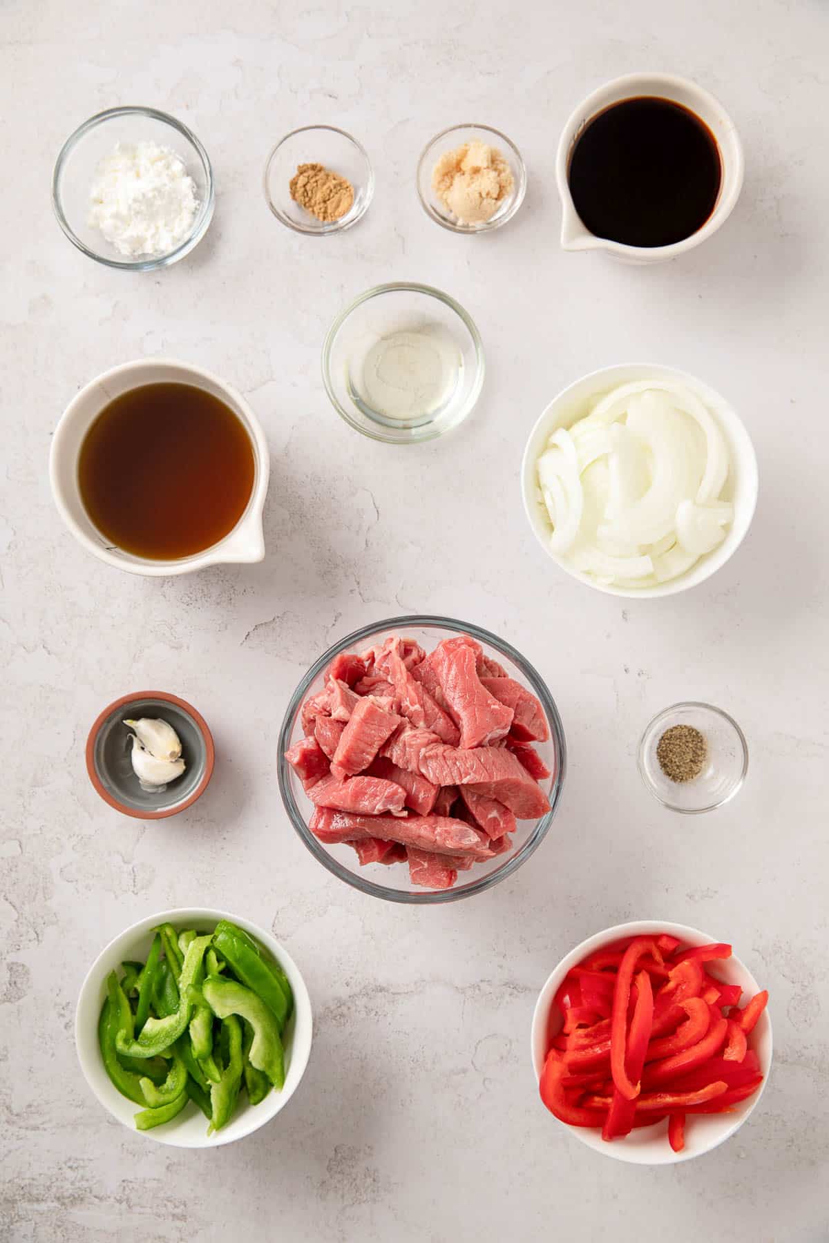 Ingredients shown are used to prepare Steak stir fry.