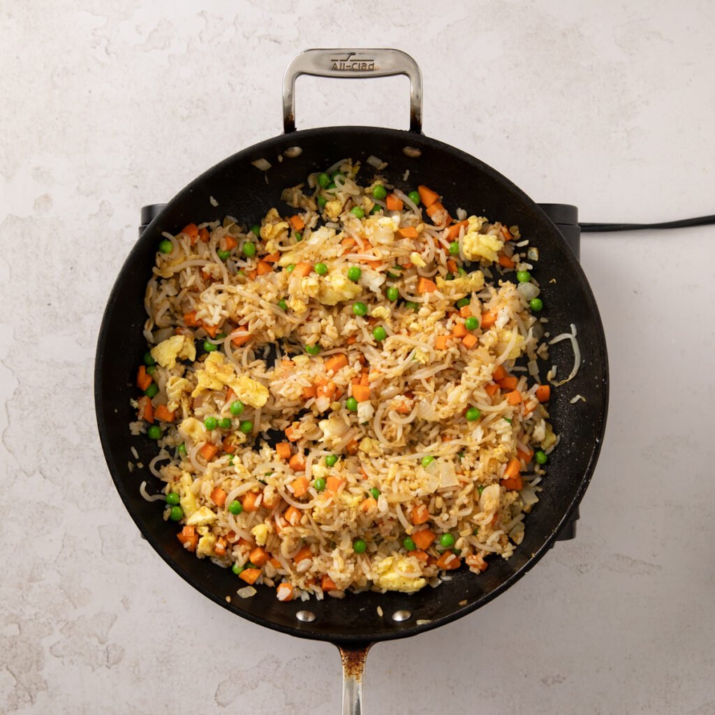 Peas and bean sprouts combined into the fried rice mixture.